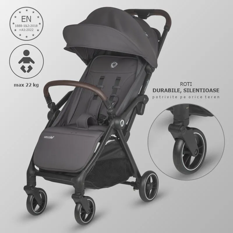 Sport stroller with automatic compact folding Coccolle Arella, Aluminium frame, Detachable wheels, Adjustable backrest, UV protection, Extendable canopy, Ventilatie, Max load 22 kg, Dark Pearl