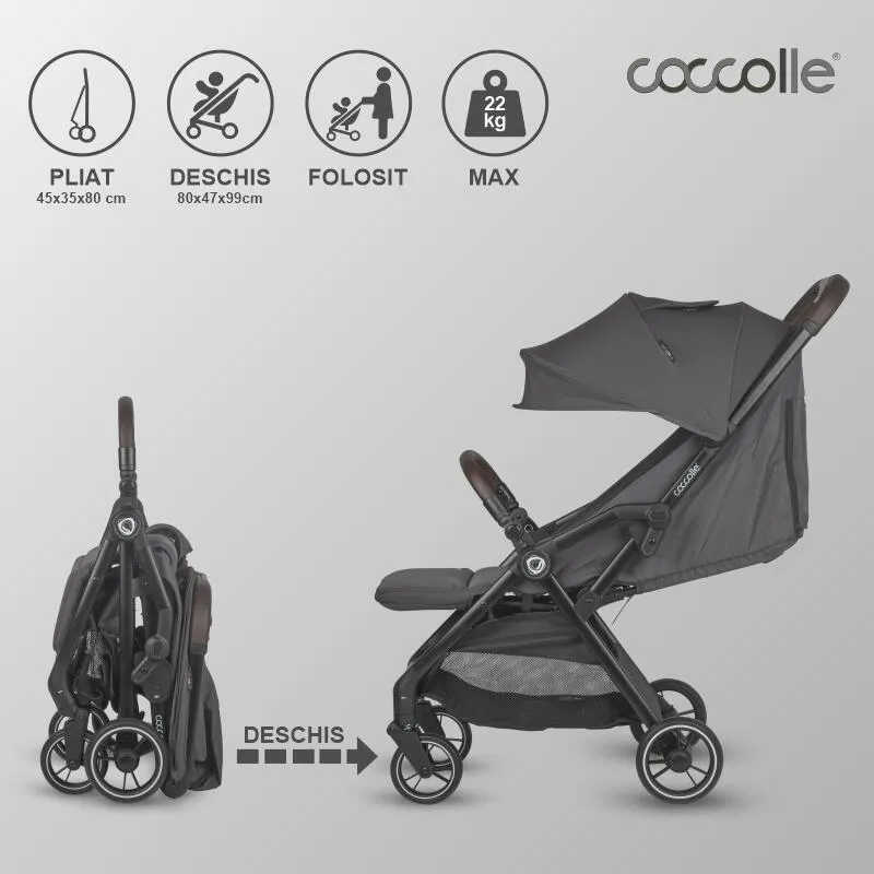 Sport stroller with automatic compact folding Coccolle Arella, Aluminium frame, Detachable wheels, Adjustable backrest, UV protection, Extendable canopy, Ventilatie, Max load 22 kg, Dark Pearl