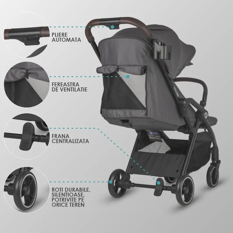Sport stroller with automatic compact folding Coccolle Arella, Aluminium frame, Detachable wheels, Adjustable backrest, UV protection, Extendable canopy, Ventilatie, Max load 22 kg, Dark Pearl