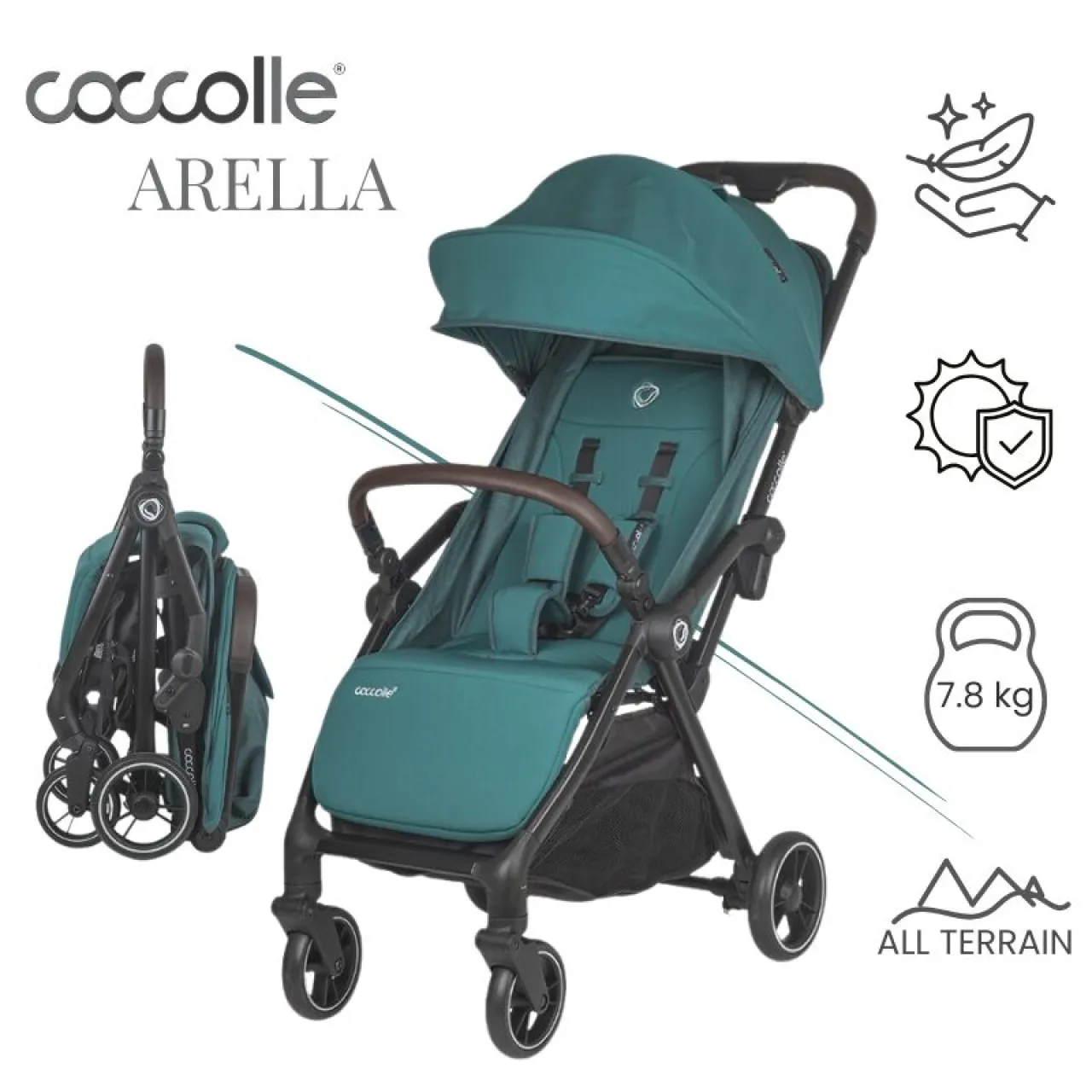 Sport stroller with automatic compact folding Coccolle Arella, Aluminium frame, Detachable wheels, Adjustable backrest, UV protection, Extendable canopy, Ventilatie, Max load 22 kg, Emerald Green