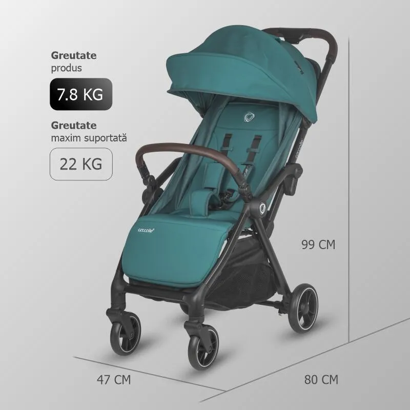 Sport stroller with automatic compact folding Coccolle Arella, Aluminium frame, Detachable wheels, Adjustable backrest, UV protection, Extendable canopy, Ventilatie, Max load 22 kg, Emerald Green