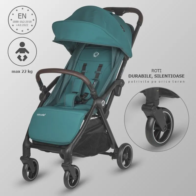 Sport stroller with automatic compact folding Coccolle Arella, Aluminium frame, Detachable wheels, Adjustable backrest, UV protection, Extendable canopy, Ventilatie, Max load 22 kg, Emerald Green