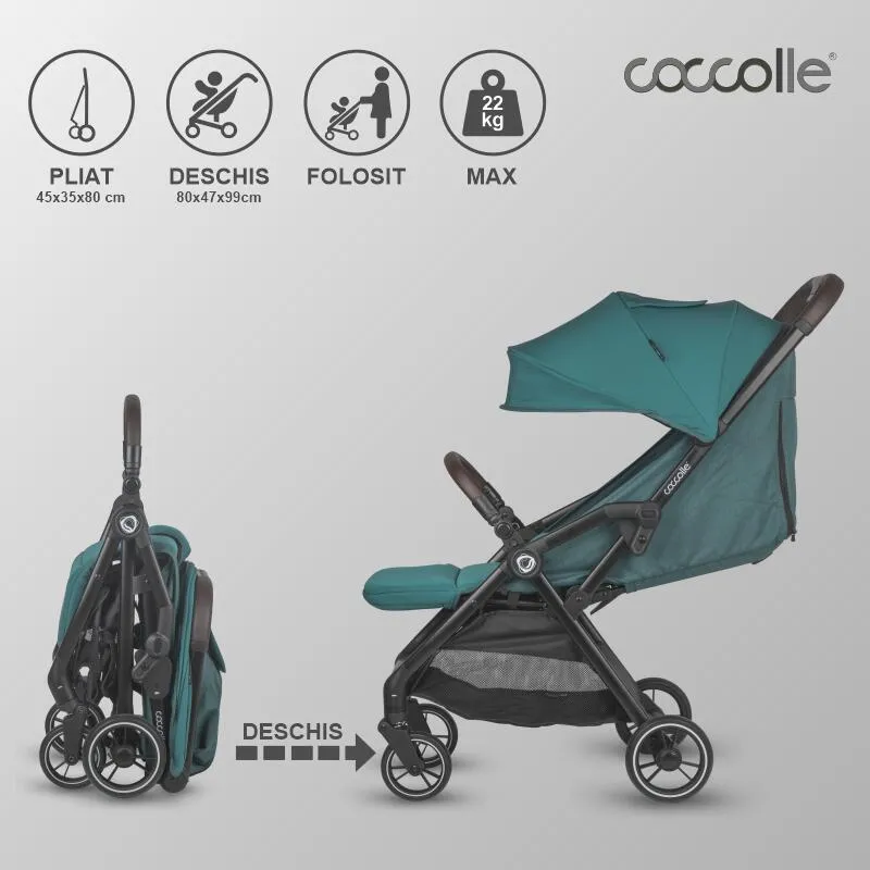 Sport stroller with automatic compact folding Coccolle Arella, Aluminium frame, Detachable wheels, Adjustable backrest, UV protection, Extendable canopy, Ventilatie, Max load 22 kg, Emerald Green