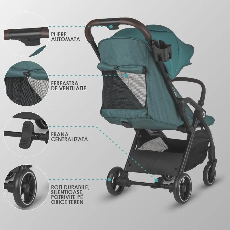 Sport stroller with automatic compact folding Coccolle Arella, Aluminium frame, Detachable wheels, Adjustable backrest, UV protection, Extendable canopy, Ventilatie, Max load 22 kg, Emerald Green