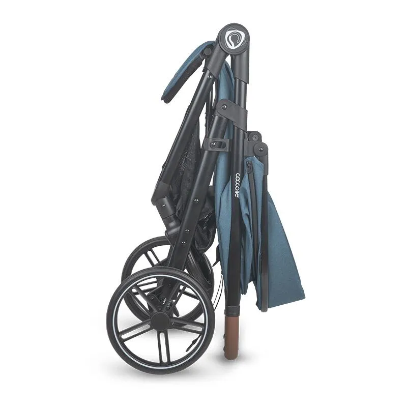Sport stroller with automatic folding and pozitie de somn Coccolle Finley, Large wheels detachable, Adjustable backrest, UV protection, XXL canopy extensibila with ventilatie, Footmuff, Ocean Blue