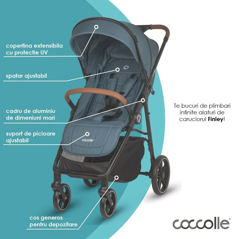 Sport stroller with automatic folding and pozitie de somn Coccolle Finley, Large wheels detachable, Adjustable backrest, UV protection, XXL canopy extensibila with ventilatie, Footmuff, Ocean Blue