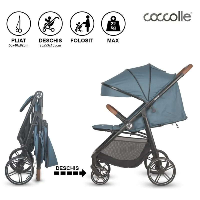 Sport stroller with automatic folding and pozitie de somn Coccolle Finley, Large wheels detachable, Adjustable backrest, UV protection, XXL canopy extensibila with ventilatie, Footmuff, Ocean Blue