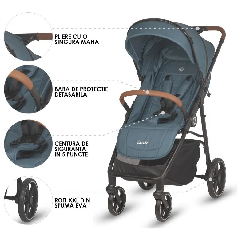 Sport stroller with automatic folding and pozitie de somn Coccolle Finley, Large wheels detachable, Adjustable backrest, UV protection, XXL canopy extensibila with ventilatie, Footmuff, Ocean Blue