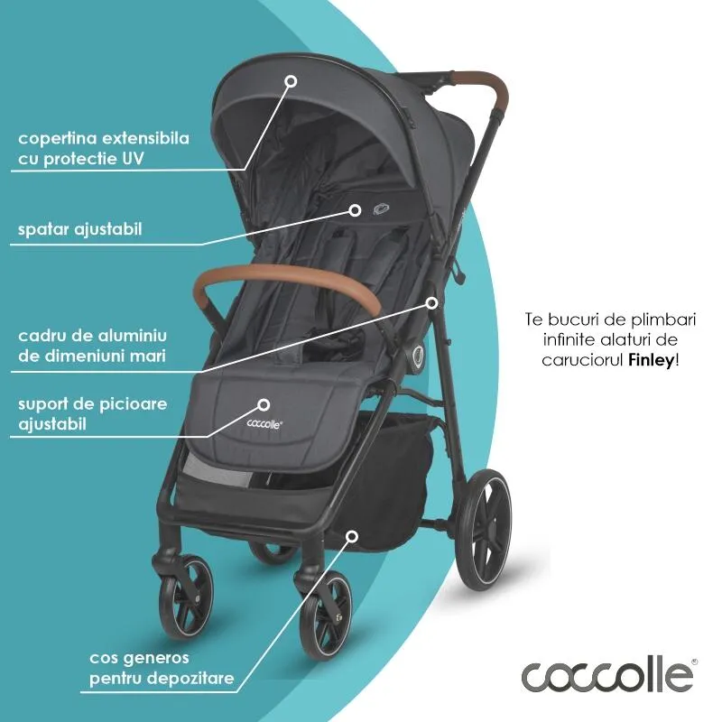 Sport stroller with automatic folding and pozitie de somn Coccolle Finley, Large wheels detachable, Adjustable backrest, UV protection, XXL canopy extensibila with ventilatie, Footmuff, Jet Black