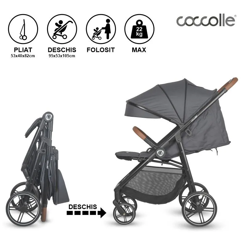 Sport stroller with automatic folding and pozitie de somn Coccolle Finley, Large wheels detachable, Adjustable backrest, UV protection, XXL canopy extensibila with ventilatie, Footmuff, Jet Black