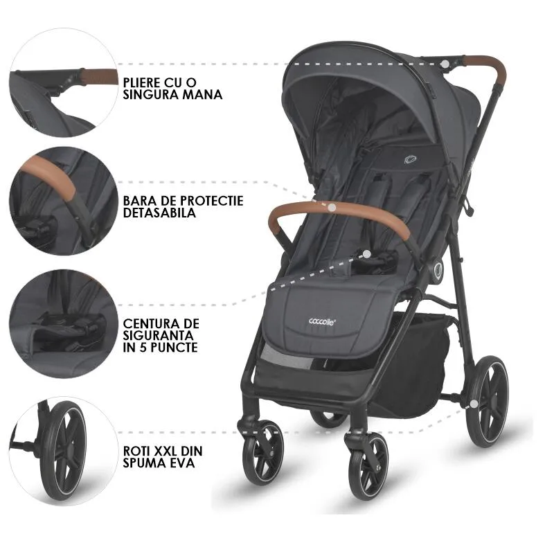 Sport stroller with automatic folding and pozitie de somn Coccolle Finley, Large wheels detachable, Adjustable backrest, UV protection, XXL canopy extensibila with ventilatie, Footmuff, Jet Black