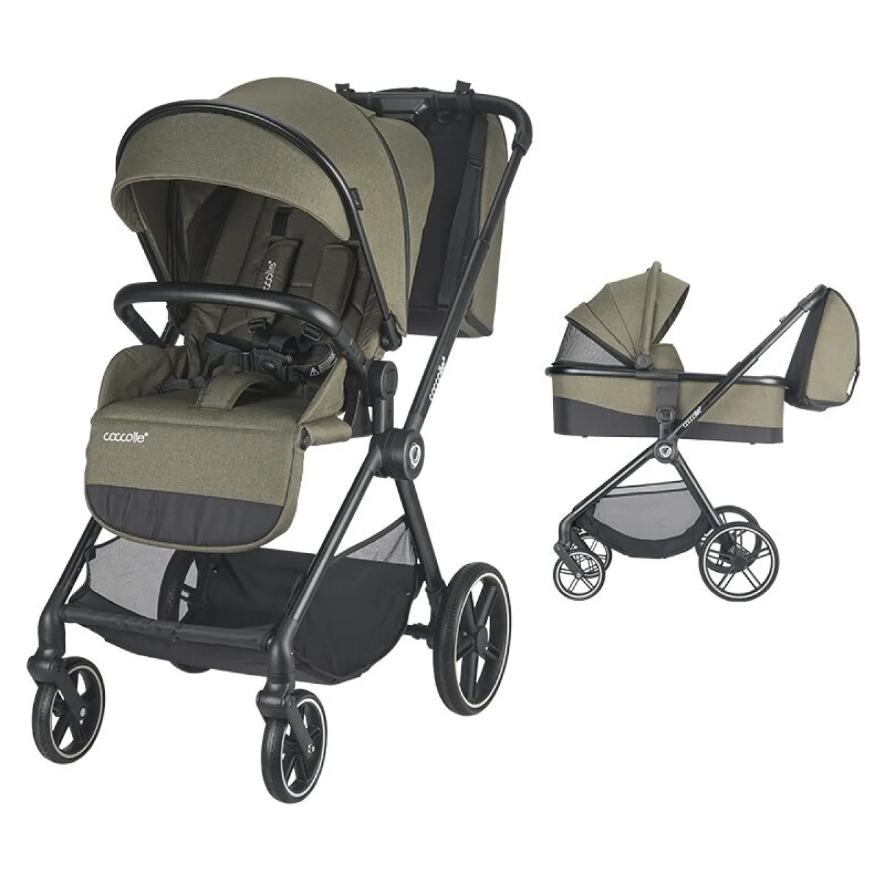 2-in-1 stroller Coccolle Lissia Premium Line, Large wheels, Aluminium frame anodized, XXL canopy, Telescopic handle, Backpack, Rain cover, Footmuff, Antibacterial-treated bassinet, Moss Green