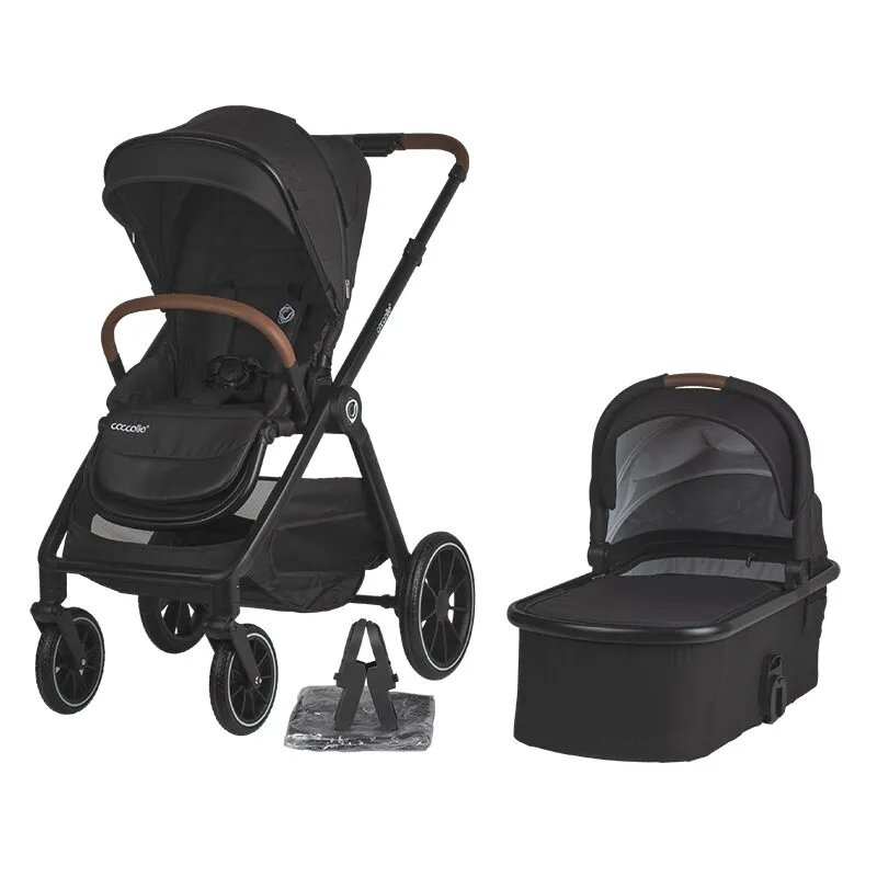 Modular 2-in-1 stroller Coccolle Aspen Premium Line, Foldable, Detachable wheels, Suspension, Adjustable backrest, XXL canopy, Footmuff and ploaie, EN 1888 safety standard, Jet Black