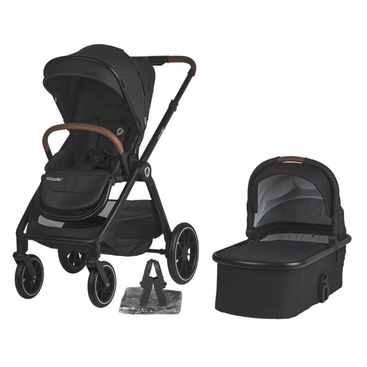 Modular 2-in-1 stroller Coccolle Aspen Premium Line, Foldable, Detachable wheels, Suspension, Adjustable backrest, XXL canopy, Footmuff and ploaie, EN 1888 safety standard, Jet Black