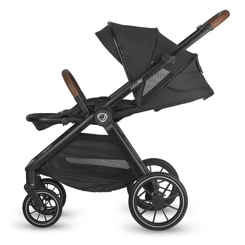 Modular 2-in-1 stroller Coccolle Aspen Premium Line, Foldable, Detachable wheels, Suspension, Adjustable backrest, XXL canopy, Footmuff and ploaie, EN 1888 safety standard, Jet Black