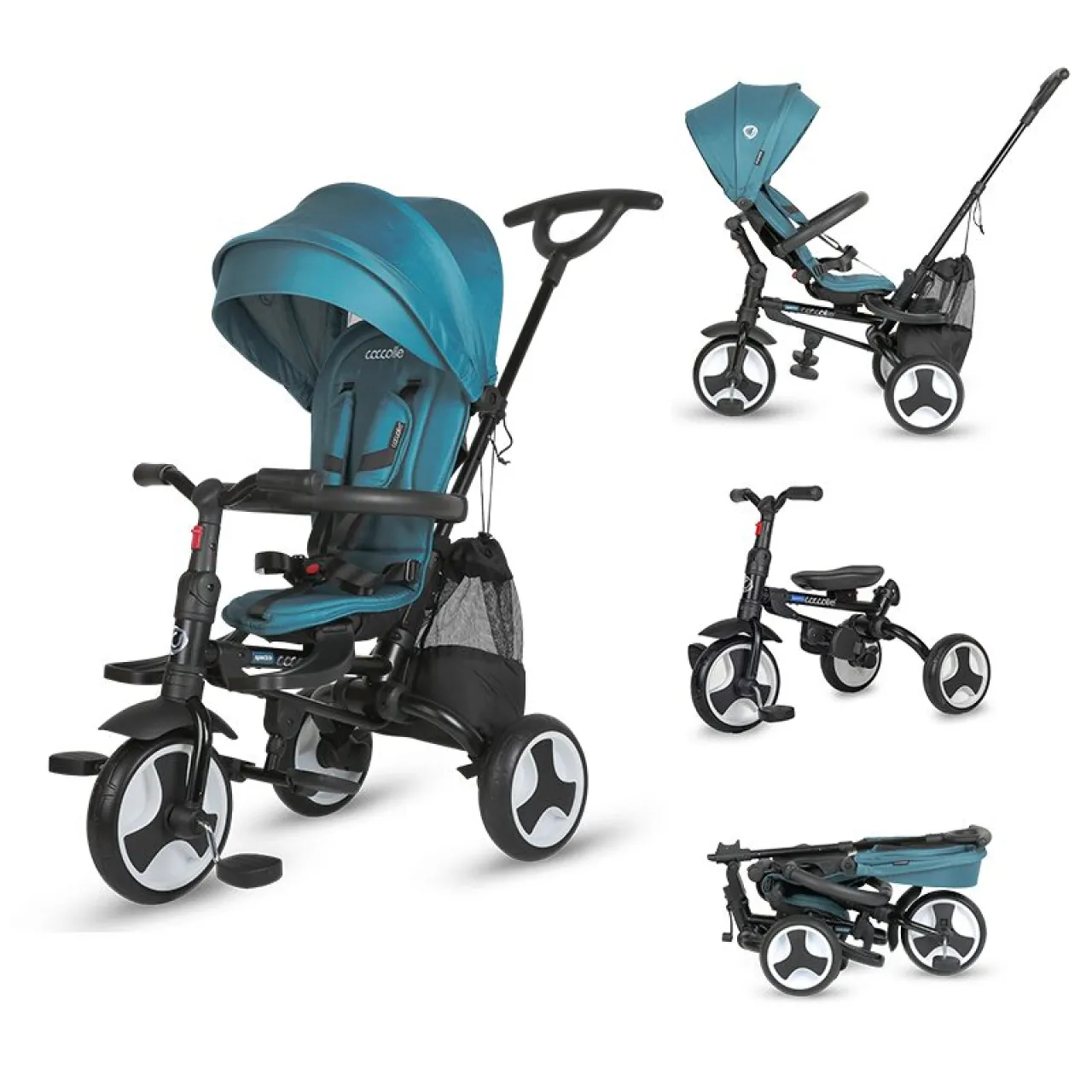 Ultra-foldable tricycle Coccolle Spectra Plus Premium Line, Reversible seat, XXL canopy, Accessory tray, 2 footrest sets, Freewheel system, Rubber wheels EVA, Atlantic Blue