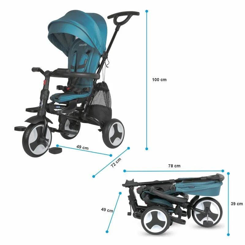 Ultra-foldable tricycle Coccolle Spectra Plus Premium Line, Reversible seat, XXL canopy, Accessory tray, 2 footrest sets, Freewheel system, Rubber wheels EVA, Atlantic Blue