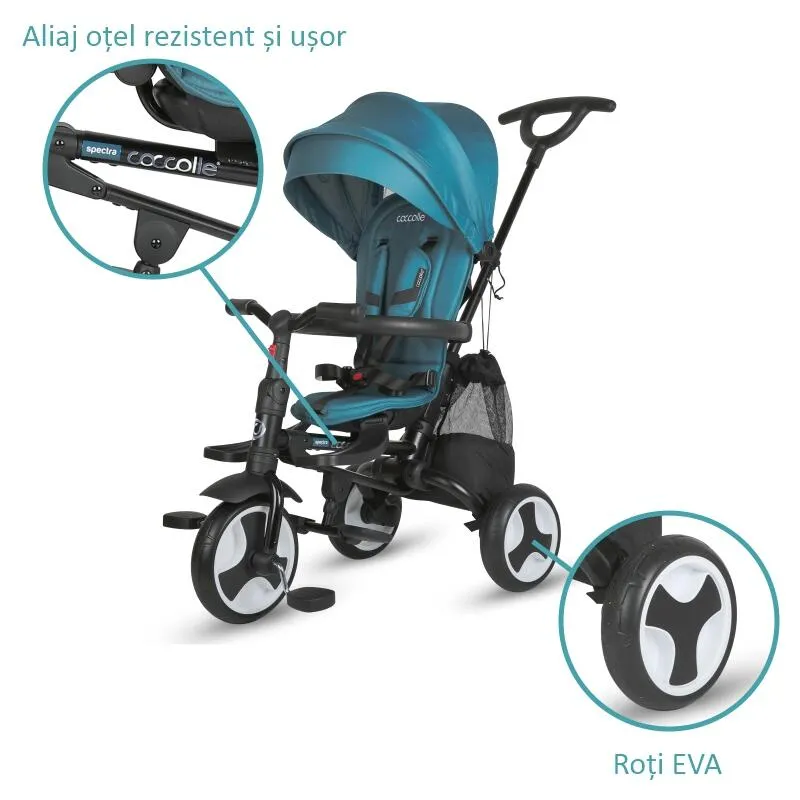 Ultra-foldable tricycle Coccolle Spectra Plus Premium Line, Reversible seat, XXL canopy, Accessory tray, 2 footrest sets, Freewheel system, Rubber wheels EVA, Atlantic Blue