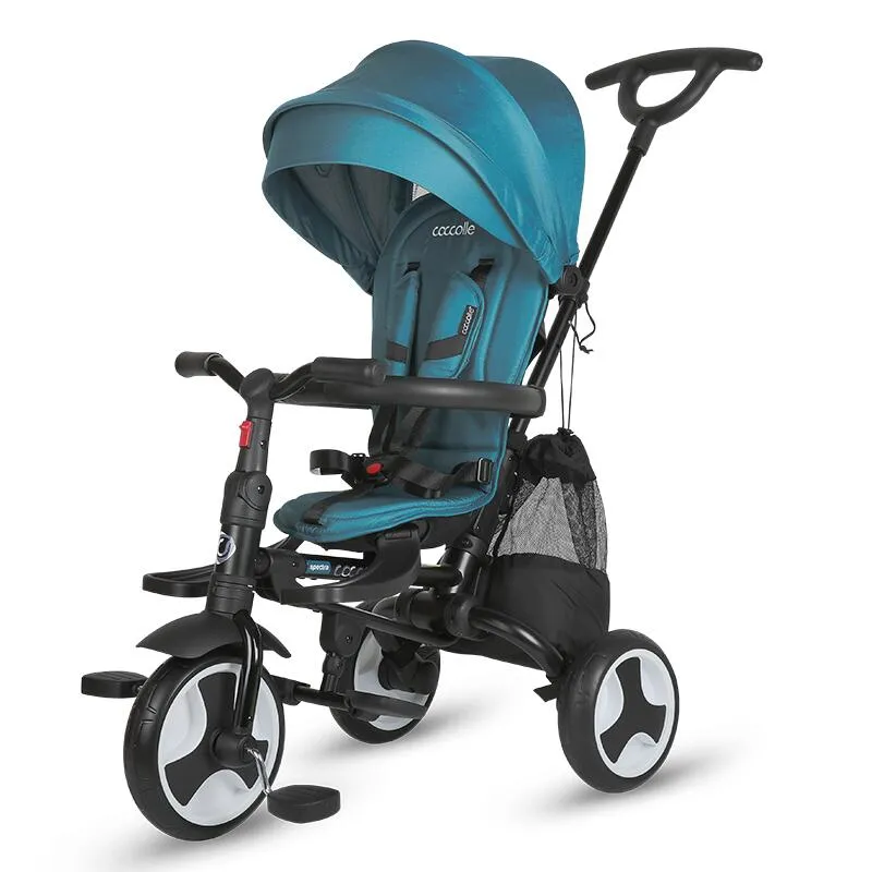 Ultra-foldable tricycle Coccolle Spectra Plus Premium Line, Reversible seat, XXL canopy, Accessory tray, 2 footrest sets, Freewheel system, Rubber wheels EVA, Atlantic Blue