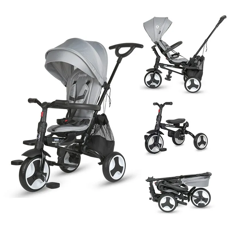 Ultra-foldable tricycle Coccolle Spectra Plus Premium Line, Reversible seat, XXL canopy, Accessory tray, 2 footrest sets, Freewheel system, Rubber wheels EVA, Neutral Grey