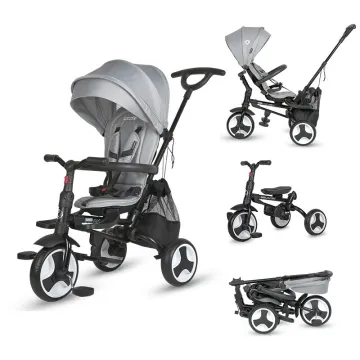 Ultra-foldable tricycle Coccolle Spectra Plus Premium Line, Reversible seat, XXL canopy, Accessory tray, 2 footrest sets, Freewheel system, Rubber wheels EVA, Neutral Grey