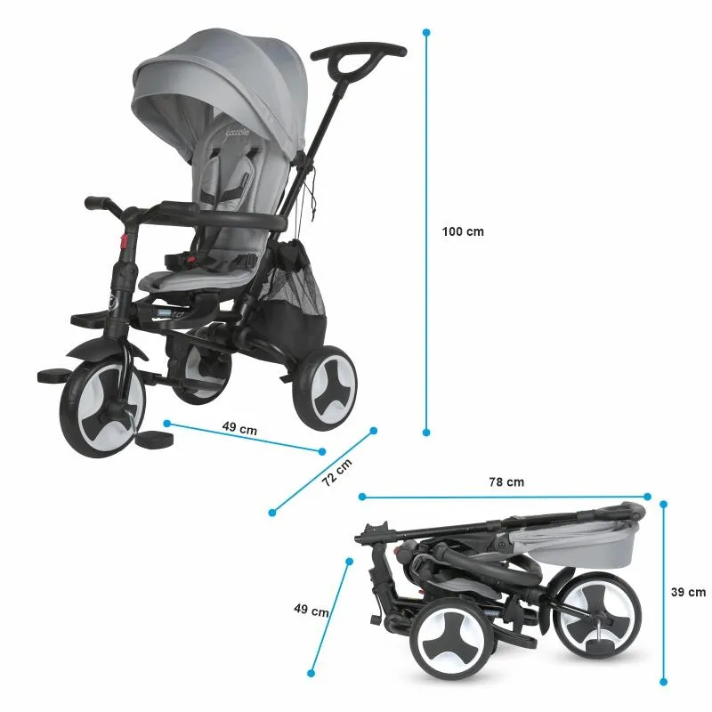 Ultra-foldable tricycle Coccolle Spectra Plus Premium Line, Reversible seat, XXL canopy, Accessory tray, 2 footrest sets, Freewheel system, Rubber wheels EVA, Neutral Grey