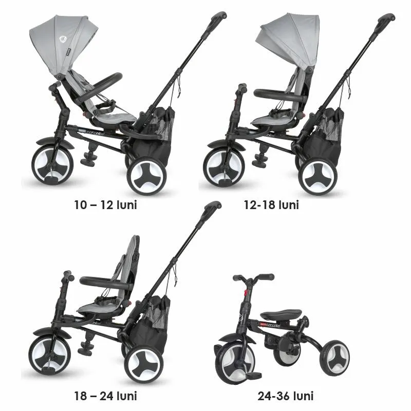 Ultra-foldable tricycle Coccolle Spectra Plus Premium Line, Reversible seat, XXL canopy, Accessory tray, 2 footrest sets, Freewheel system, Rubber wheels EVA, Neutral Grey