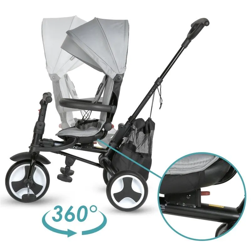 Ultra-foldable tricycle Coccolle Spectra Plus Premium Line, Reversible seat, XXL canopy, Accessory tray, 2 footrest sets, Freewheel system, Rubber wheels EVA, Neutral Grey