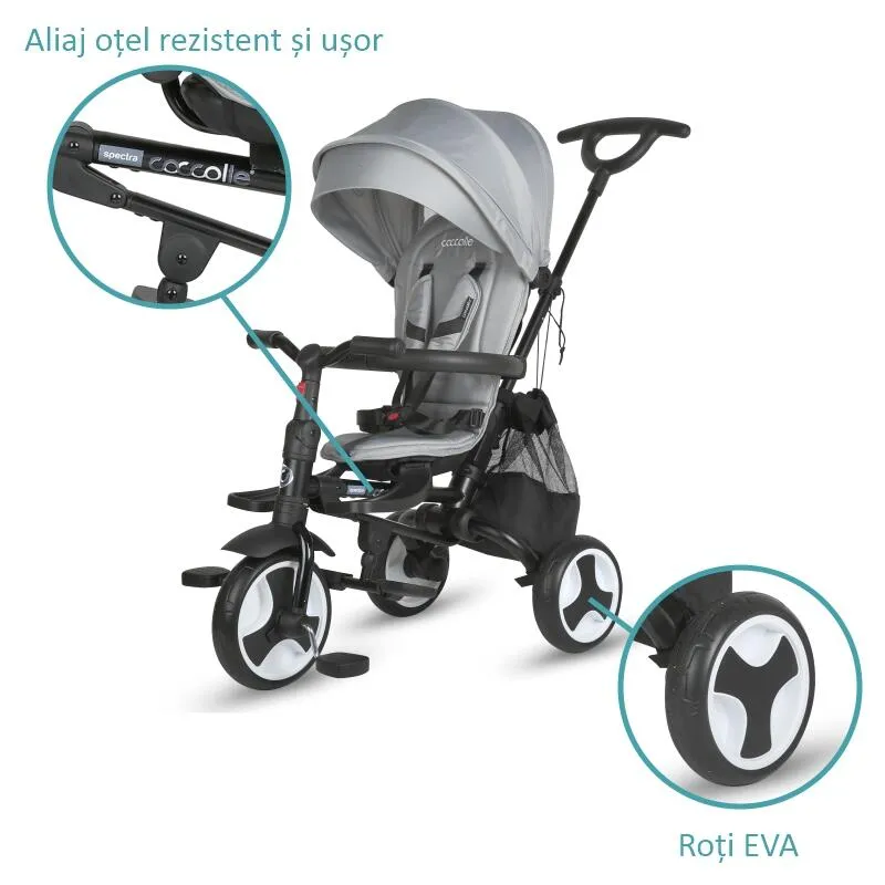 Ultra-foldable tricycle Coccolle Spectra Plus Premium Line, Reversible seat, XXL canopy, Accessory tray, 2 footrest sets, Freewheel system, Rubber wheels EVA, Neutral Grey