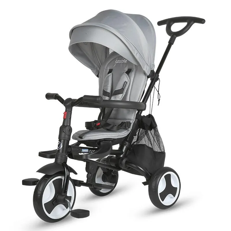 Ultra-foldable tricycle Coccolle Spectra Plus Premium Line, Reversible seat, XXL canopy, Accessory tray, 2 footrest sets, Freewheel system, Rubber wheels EVA, Neutral Grey