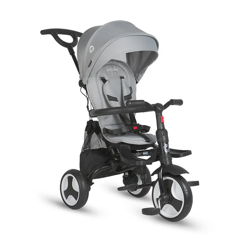 Ultra-foldable tricycle Coccolle Spectra Plus Premium Line, Reversible seat, XXL canopy, Accessory tray, 2 footrest sets, Freewheel system, Rubber wheels EVA, Neutral Grey
