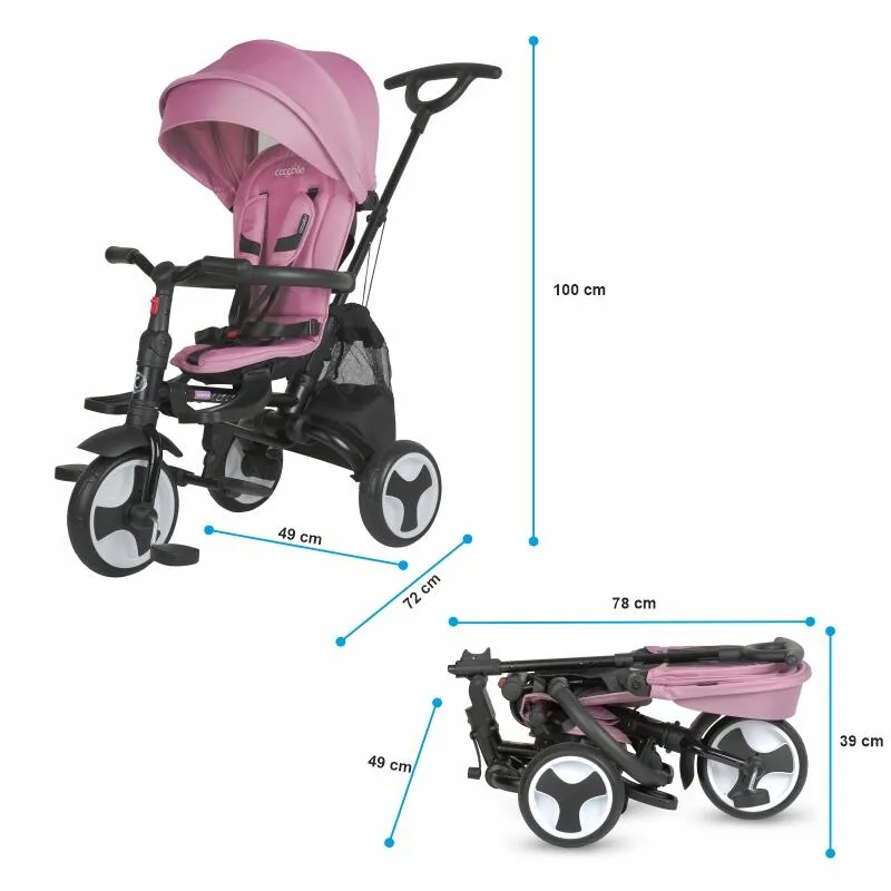 Ultra-foldable tricycle Coccolle Spectra Plus Premium Line, Reversible seat, XXL canopy, Accessory tray, 2 footrest sets, Freewheel system, Rubber wheels EVA, Orchid Violet