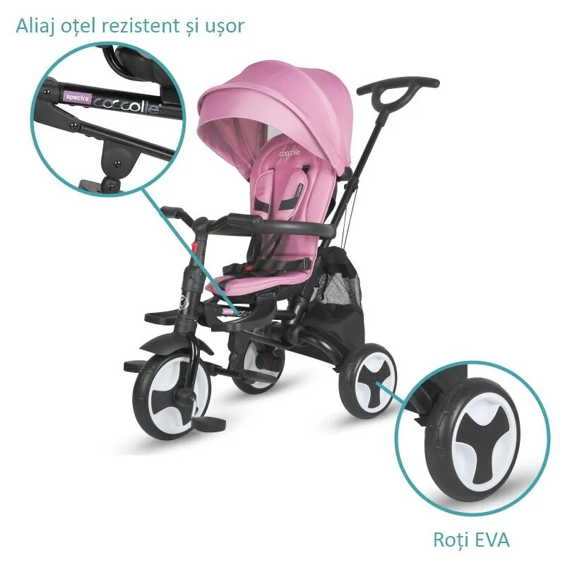 Ultra-foldable tricycle Coccolle Spectra Plus Premium Line, Reversible seat, XXL canopy, Accessory tray, 2 footrest sets, Freewheel system, Rubber wheels EVA, Orchid Violet