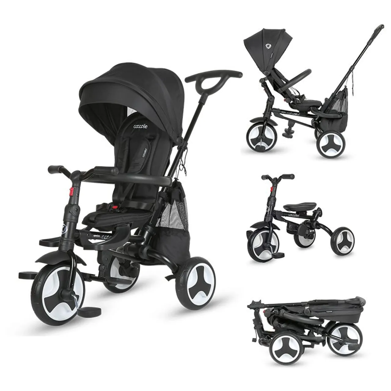 Ultra-foldable tricycle Coccolle Spectra Plus Premium Line, Reversible seat, XXL canopy, Accessory tray, 2 footrest sets, Freewheel system, Rubber wheels EVA, Jet Black
