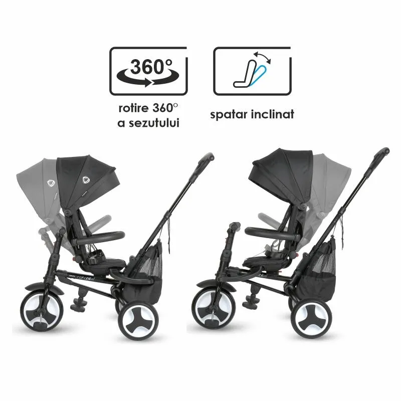Ultra-foldable tricycle Coccolle Spectra Plus Premium Line, Reversible seat, XXL canopy, Accessory tray, 2 footrest sets, Freewheel system, Rubber wheels EVA, Jet Black