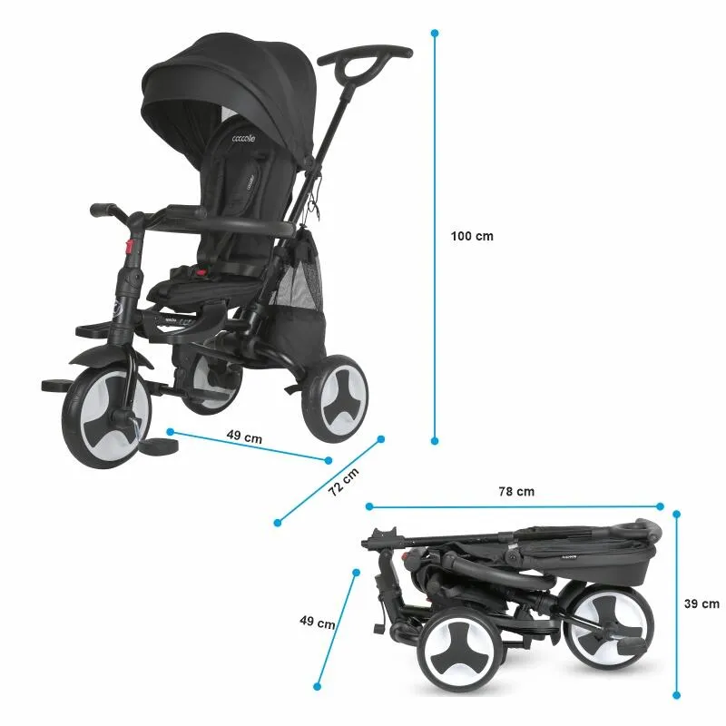 Ultra-foldable tricycle Coccolle Spectra Plus Premium Line, Reversible seat, XXL canopy, Accessory tray, 2 footrest sets, Freewheel system, Rubber wheels EVA, Jet Black