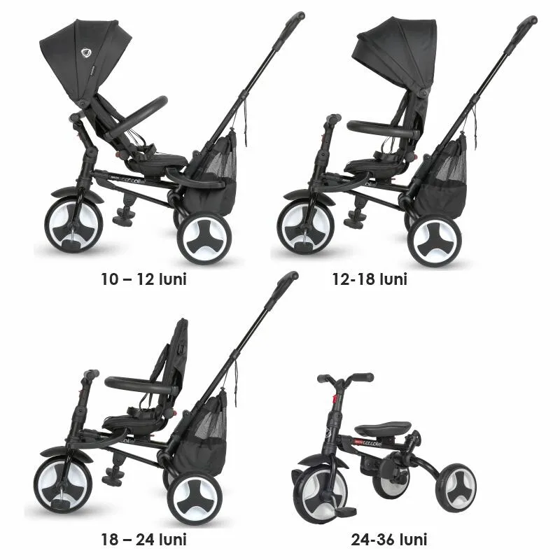 Ultra-foldable tricycle Coccolle Spectra Plus Premium Line, Reversible seat, XXL canopy, Accessory tray, 2 footrest sets, Freewheel system, Rubber wheels EVA, Jet Black