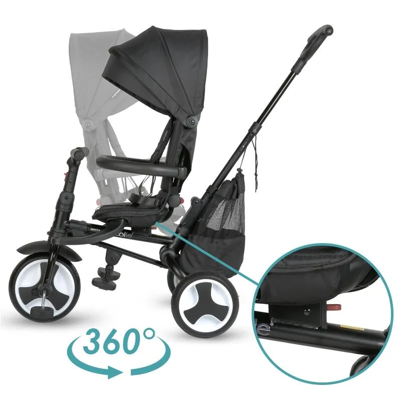 Ultra-foldable tricycle Coccolle Spectra Plus Premium Line, Reversible seat, XXL canopy, Accessory tray, 2 footrest sets, Freewheel system, Rubber wheels EVA, Jet Black