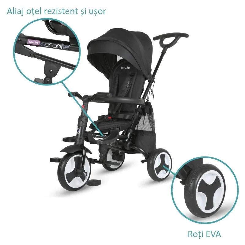 Ultra-foldable tricycle Coccolle Spectra Plus Premium Line, Reversible seat, XXL canopy, Accessory tray, 2 footrest sets, Freewheel system, Rubber wheels EVA, Jet Black