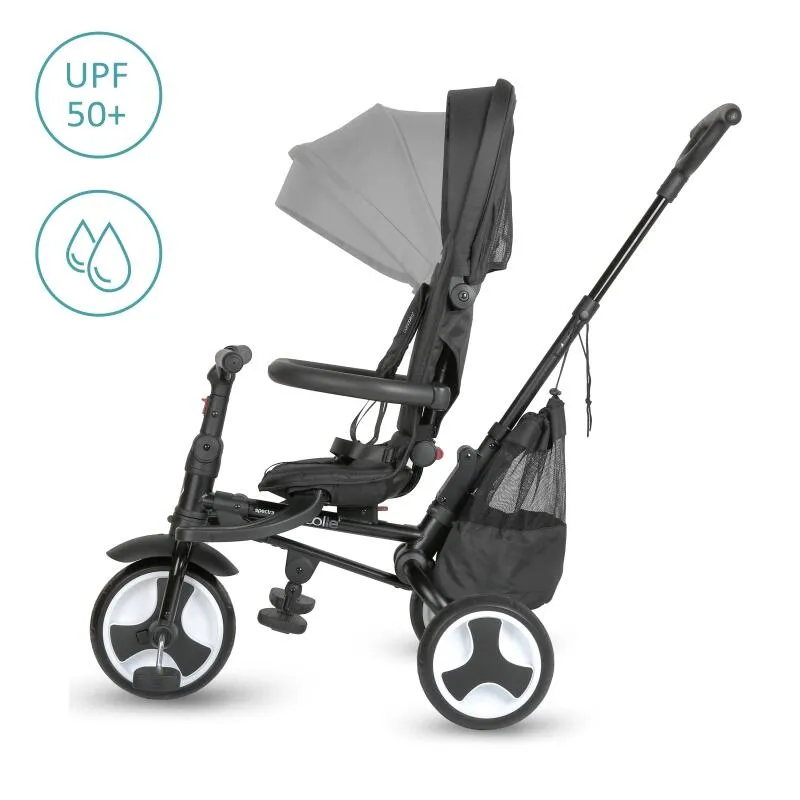 Ultra-foldable tricycle Coccolle Spectra Plus Premium Line, Reversible seat, XXL canopy, Accessory tray, 2 footrest sets, Freewheel system, Rubber wheels EVA, Jet Black
