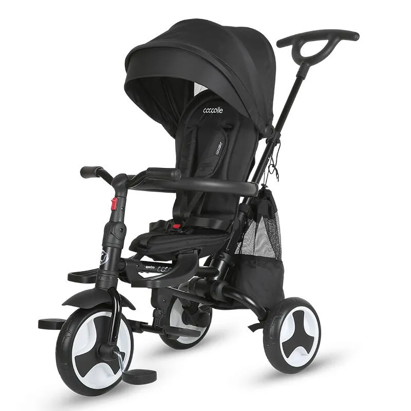 Ultra-foldable tricycle Coccolle Spectra Plus Premium Line, Reversible seat, XXL canopy, Accessory tray, 2 footrest sets, Freewheel system, Rubber wheels EVA, Jet Black
