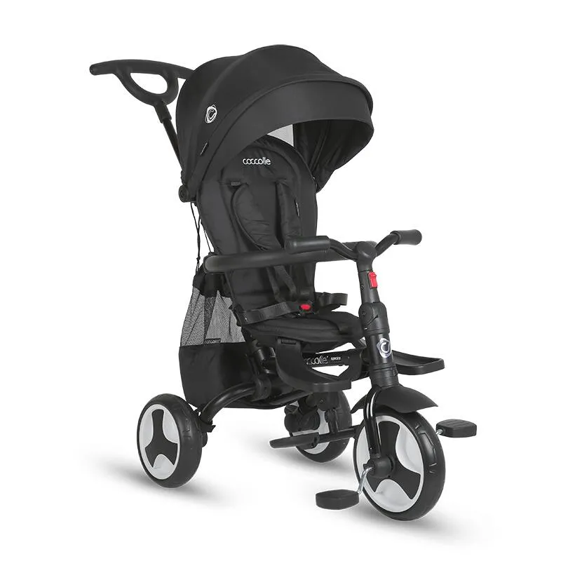 Ultra-foldable tricycle Coccolle Spectra Plus Premium Line, Reversible seat, XXL canopy, Accessory tray, 2 footrest sets, Freewheel system, Rubber wheels EVA, Jet Black