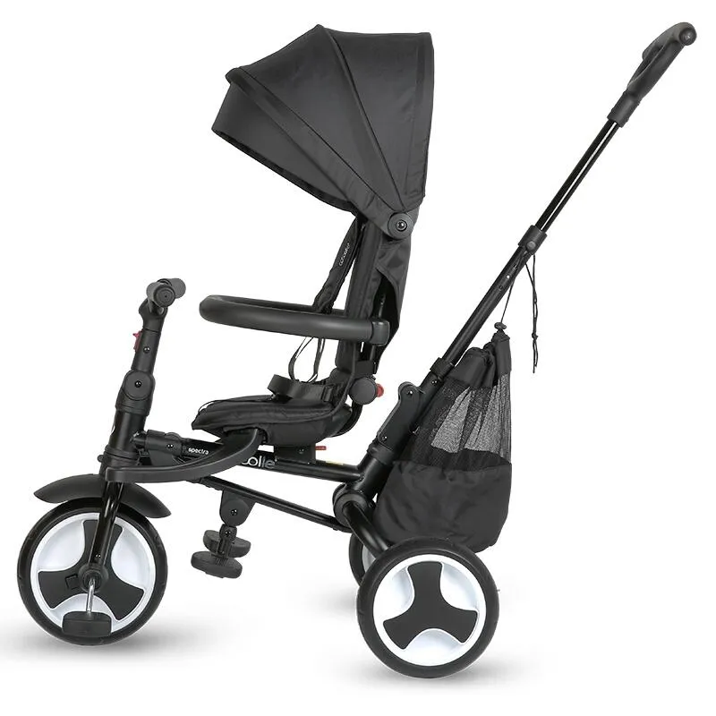 Ultra-foldable tricycle Coccolle Spectra Plus Premium Line, Reversible seat, XXL canopy, Accessory tray, 2 footrest sets, Freewheel system, Rubber wheels EVA, Jet Black