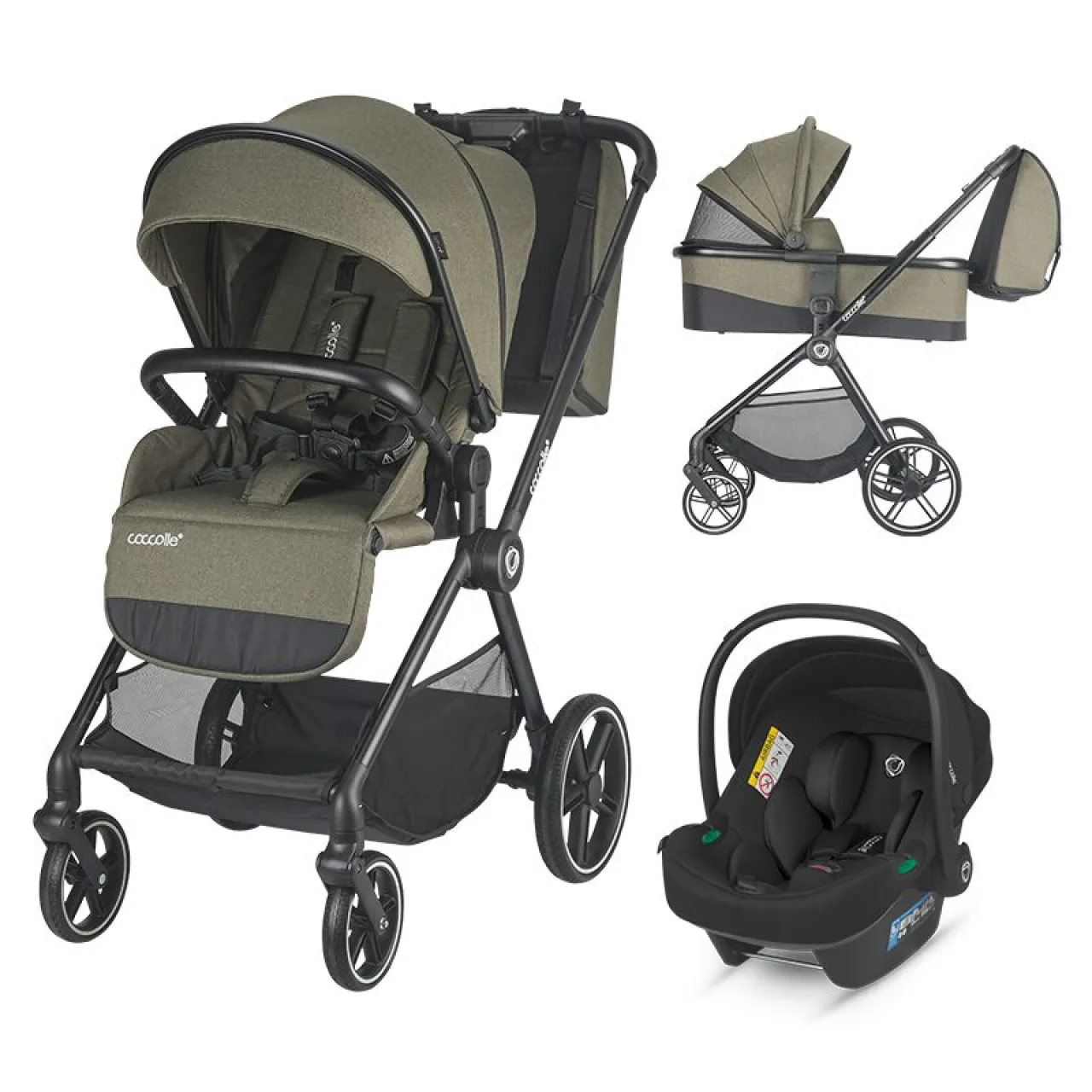 Modular 3-in-1 stroller Coccolle Lissia Moss Green with i-Size infant car seat Coccolle Knox Black
