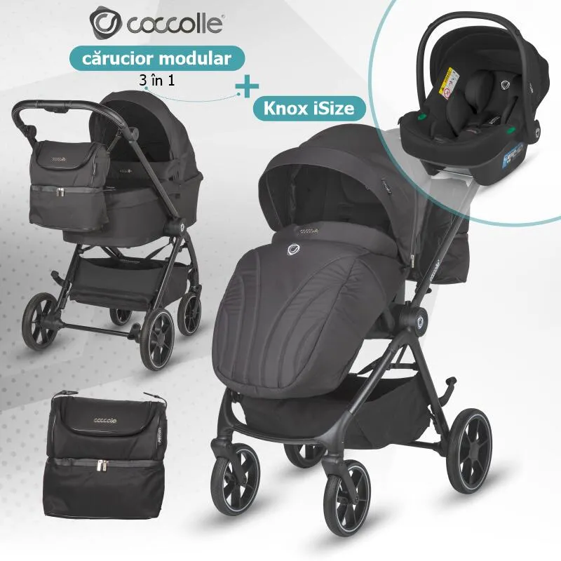 Modular 3-in-1 stroller Coccolle Serry Jet Black with i-Size infant car seat Coccolle Knox Black
