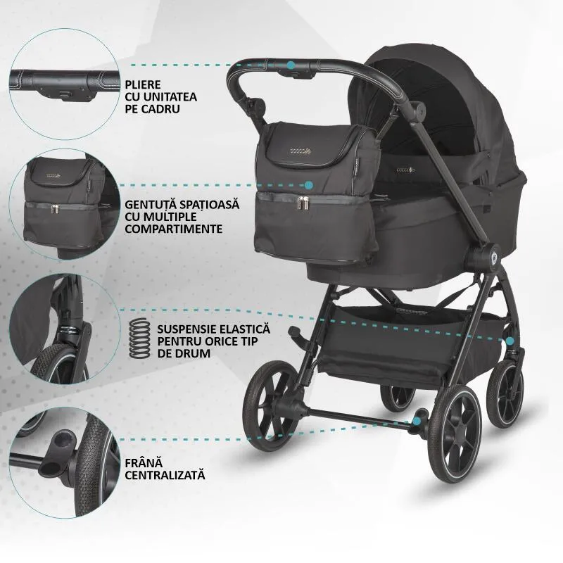 Modular 3-in-1 stroller Coccolle Serry Jet Black with i-Size infant car seat Coccolle Knox Black