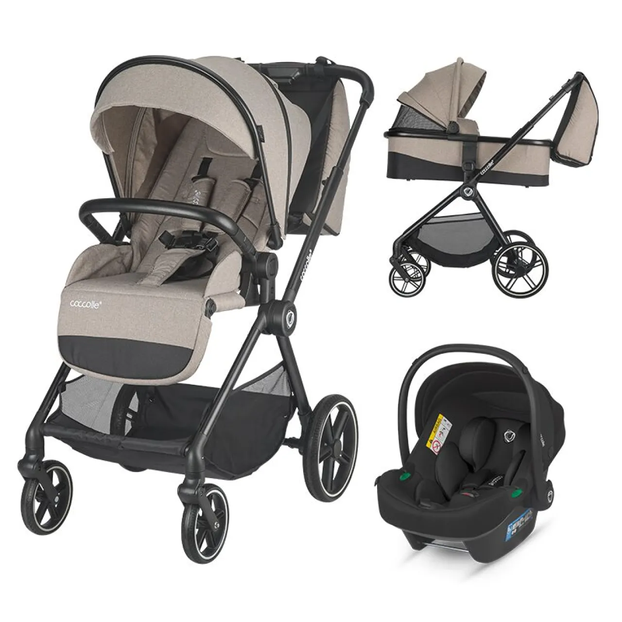 Modular 3-in-1 stroller Coccolle Lissia Butternut Beige with i-Size infant car seat Coccolle Knox Black