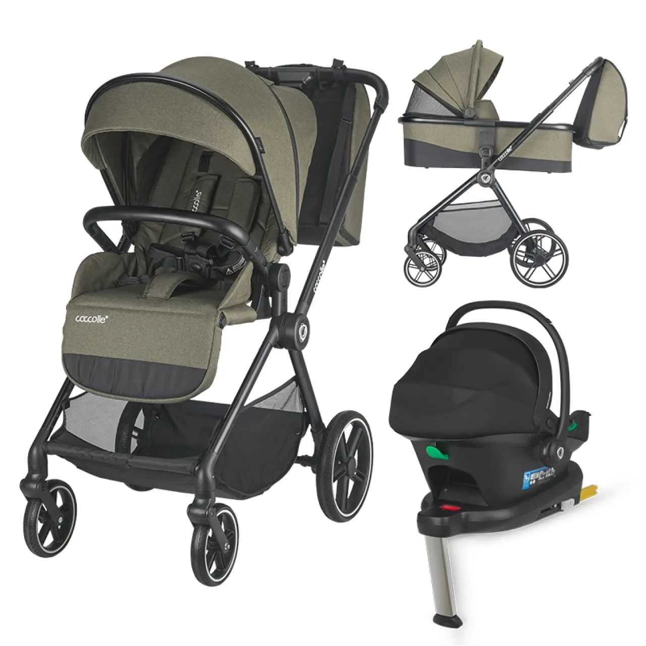 Modular 4-in-1 stroller Coccolle Lissia Moss Green with i-Size infant car seat Coccolle Knox Black and i-Size Isofix base Coccolle Knox