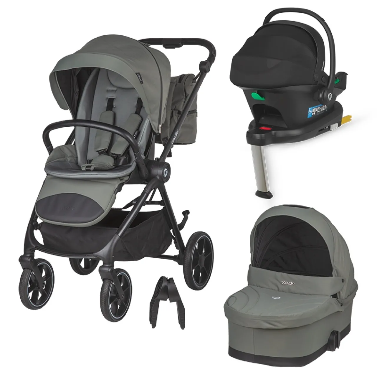 Modular 4-in-1 stroller Coccolle Serry Moss Green with i-Size infant car seat Coccolle Knox Black and i-Size Isofix base Coccolle Knox