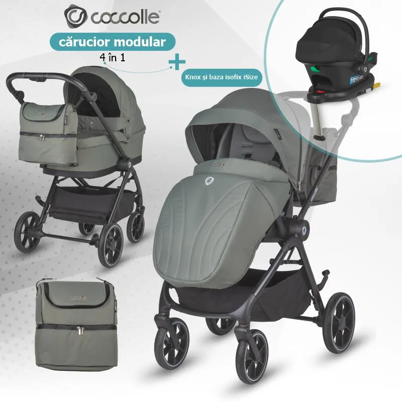 Modular 4-in-1 stroller Coccolle Serry Moss Green with i-Size infant car seat Coccolle Knox Black and i-Size Isofix base Coccolle Knox
